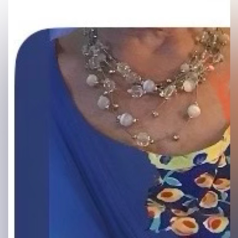 Elegant Silver, Crystal and White Beaded (like cats eye) Necklace. Five strands